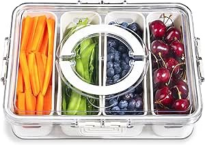 Portable Fruit Storage Containers for Fridge, 4 Compartments Snack Box Container, BPA-Free Divided Serving Tray with Lid for Veggie, Clear Snack Tray Candy Tray