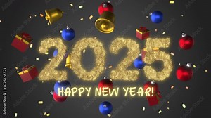 4K New Year screensaver with 2025. The number 2025 from golden snowflakes on a background of gifts and toys with particles.