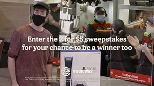 you think he's gonna eat first, or game first? 🤔 either way, when you get the 2 for $5 at bk, the bk app, or at bk.com you get the chance to win a PS5™ console of your own. Rules: bk.com/ps5-sweeps | Burger King