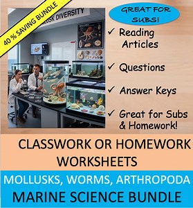 Mollusks, Worms, & Arthropods - Marine Science Worksheets Bundle