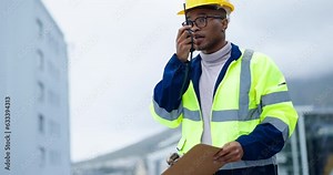 Engineering man, radio and checklist for project management, communication and safety check in city. Architecture leader, building contractor or african person speaking or inspection on walkie talkie
