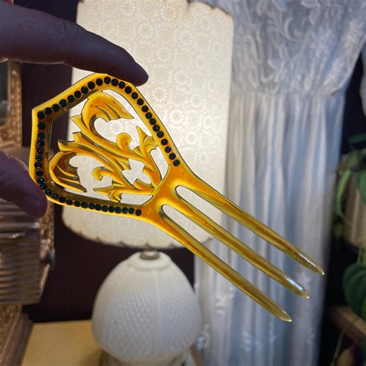 Antique 20th Century Celluloid Hair Comb W Green Rhinestone Embelishments | Art Deco - Etsy