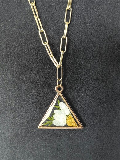 Pressed Flower Triangle Pendant Necklace, Gold Plated Brass Botanical Jewelry - Etsy