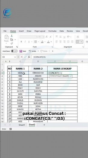 Cara Praktis menggabungkan 2 kolom kata menjadi 1, pakai rumus "CONCAT" #belajarexcel #exceltips