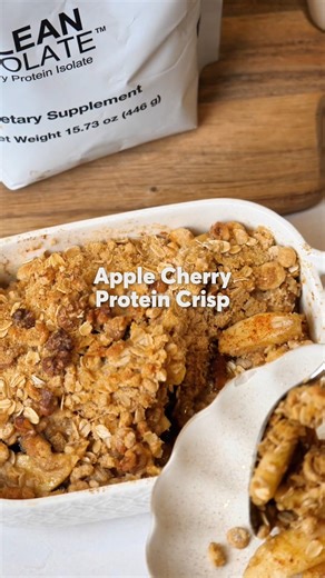 Craving festive holiday flavors? Fuel clean with our satisfying Apple Cherry Protein Crisp 🍎🍒 A cornucopia of warming spices and juicy fruit, this delicious treat is packed with over 9 grams of Klean Isolate protein per serving. Make it today! Ingredients: 1 cup Pumpkin Spice Cheerios, crushed ½ cup oats ⅓ cup Klean Isolate, unflavored ⅓ cup 3 Tbsp brown sugar ½ tsp pumpkin pie spice 2 Tbsp chopped walnuts ⅓ cup chilled butter, cut into small pieces 6 cored and peeled McIntosh apples, thinly s