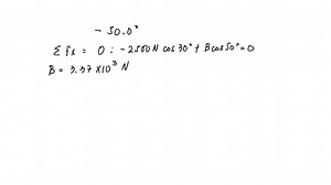 A car is stuck in the mud. A tow truck pulls on the car with the arrangement shown in Fig. P5.48. The tow cable is under a tension of 2500  N and pulls downward and to the left on the pin at its upper end. The light pin is held in equilibrium by forces exerted by the two bars A and B. Each bar is a strut; that is, each is a bar whose weight is small compared to the forces it exerts and which exerts forces only through hinge pins at its ends. Each strut exerts a force directed parallel to its len