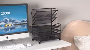 4-Tier Paper Organizer + 3-Pocket File Holder + Drawer + Pen Holders, Desktop File Organizers Paper Tray for Office Accessories School Classroom Organization (Black)