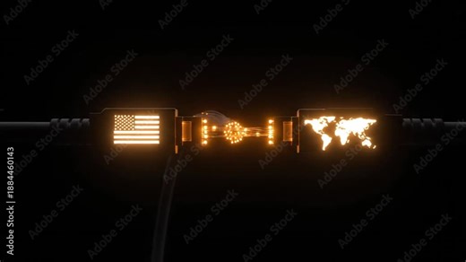 An abstract sequence depicts high-speed global connectivity via fiber optics. Glowing orange light initiates from a fiber bundle, connects two ports displaying the US flag and a world map, symbolizin