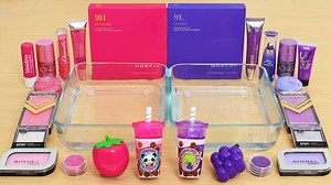 Strawberry vs Grape - Mixing Makeup into Slime ASMR #love #asmr | Lena Slime and Makeup ASMR