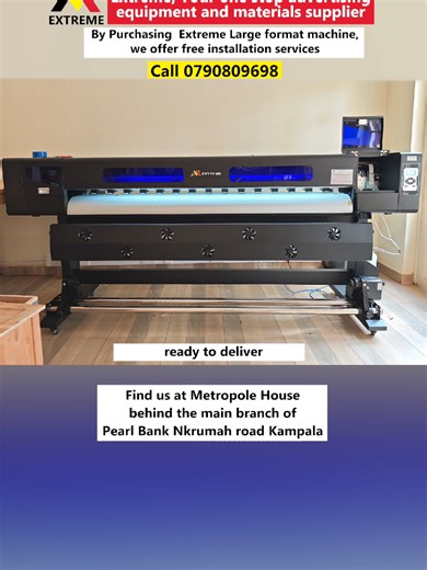 by purchasing our Extreme E1801 Large format Machine EPSON Print head XP600 printing speed 18sqm/h we offer free installation services！ It prints on banners, Stickers, it's readily available here at Extreme, Extreme, we are the main manufacturers of these machines @only Shs9,900,000 we supply this machine and offer free assemble services One yeah warranty period Plus after sales services!😊 For more information and inquiries about our machines and materials Kindly reach us at: Metropole House be
