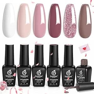 Beetles Wedding Gel Nail Polish Set - 6 Colors Nude Pink Mauve White Glitter Gel Polish Kit, Soak Off UV Led DIY Nail Art Home Manicure for Bride