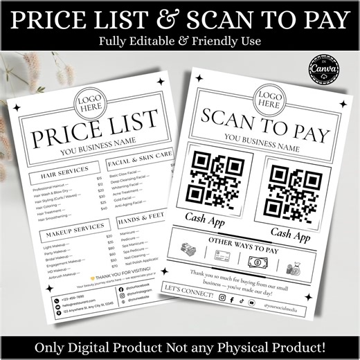 Scan to Pay Sign Price List Template Canva Editable Service Menu QR Code Payment Poster Salon Price Sheet Instant Download - Etsy