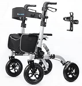Heavy Duty Wide Walkers for Seniors with Seat, All Terrain Outdoor Rollator with 10" Big Wheels, Adult Folding Walker with Adjustable Height Backrest, Cup Holder, Brakes, for Elderly Over 5'7"