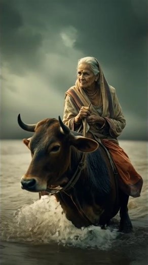 "Elderly Woman Rides Cow Through Floodwaters – Unbelievable Scene!" #shorts #aivideo