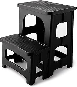 Folding 2-Step Stool, 8" 17" Non-Slip Collapsible Stools, Bedside Stepstools, Hold up to 300 lbs, Portable Footstool for Kitchen Home Toilet Bedroom Office RV (Black)
