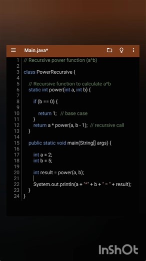 Recursive power function (a^b) #javaprogramming #java #programming #pythonprogramming #coding #js #c