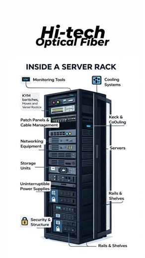 Hitech Optical Fiber on Instagram: "This detailed illustration shows the core components inside a modern server rack, including monitoring tools, networking equipment, storage units, and uninterruptible power supplies (UPS). It also highlights cooling systems, cable management, and security structures that ensure high performance, stability, and data protection in data centers. A perfect visual breakdown of how servers are organized for efficiency and reliability. #ServerRack #DataCenter #Networ
