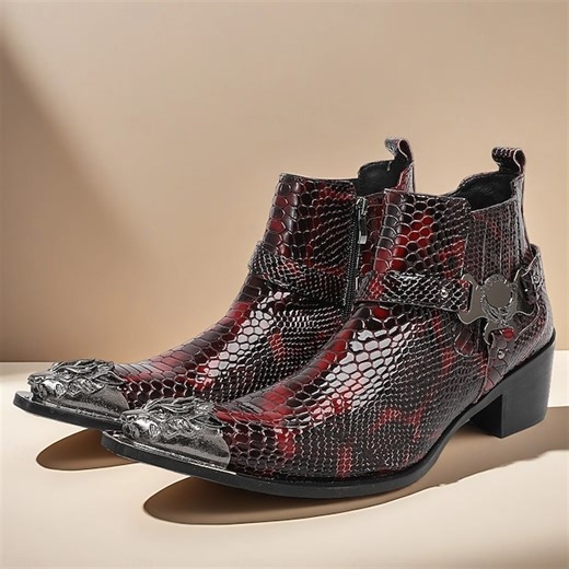 Men's Red Genuine Leather Snake Pattern Harness Boots with Metal Toe and Zipper, 100% Cowhide Western Ankle Boots for Parties, Performances and Nightclub Fashion 2025 - $159.99