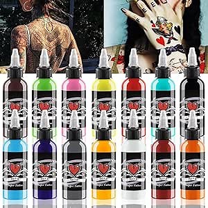 Tattoo Ink Set,14Pcs Tattoo Ink 1oz 30ml/Bottle for 3D Makeup Beauty Skin Body Art,Tattoo Inks Pigment Kit for Professionals and Beginners Use (14 Colors,Black,Red,White ect)
