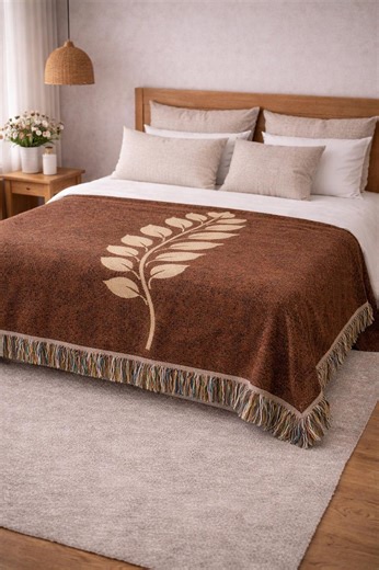 Jacquard Woven Botanical Cotton Bedspread With Fringe for Bed or Sofa - Etsy