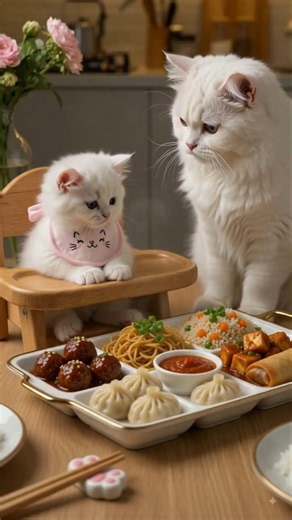 Mama Cat Makes a Tiny Chinese Feast for Her Baby🍜🥟 #shorts #cat #cute #cutebaby #chinesefood #viral
