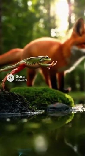 Fox Attacks—Frog Vanishes Into Mossy Water!