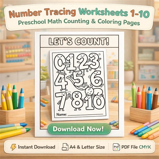 Number Tracing 1-10 | Preschool Coloring Worksheets (PDF Download) - Etsy