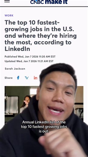 Surprised by this list? 👀 It’s a new year and new fastest growing jobs list but I don’t think we should only look at the top. It just goes to show that AI is HERE and not going anywhere. And we gotta adapt our roles to it. What do you make of this list? #career #jobs #newjob | Workhap