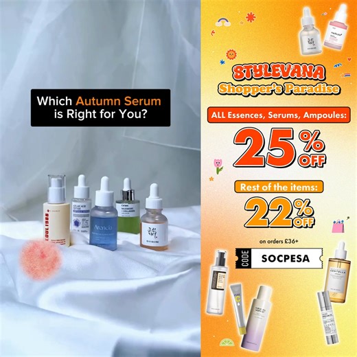 Glow starts here! Get 퐄퐗퐓퐑퐀 ퟐퟓ% 퐎퐅퐅 all Essence, Serum & Ampoule + ퟐퟐ% 퐎퐅퐅 everything else on orders £36+! ✨  Use code [퐒퐎퐂퐏퐄퐒퐀] to snag your deal ASAP ✈️ Enjoy FREE Shipping on orders £39+  Shop at: https://vana.ly/QOmxbJ | STYLEVANA | Facebook