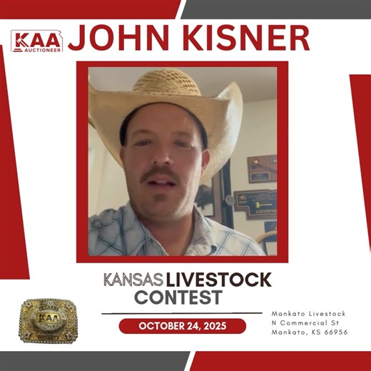 📣 2023 Kansas Livestock Auctioneer Champion John Kisner invites YOU to the 2025 Kansas Livestock Auction Contest! 🐂🎤 📅 October 24, 2025 📍 Mankato Livestock, Mankato, Kansas Come watch the best in the business compete for the title — you won’t want to miss it! 🔥 More information in the comments. | Kansas Auctioneers Association