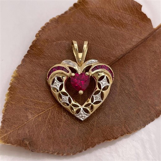 Vintage 10K Ruby Heart Pendant, Baguette Ruby, Diamond Accents, Solid Gold Two Tone Charm, Lovely Heirloom ~ Fine Jewelry Estate Retro ~ - Etsy