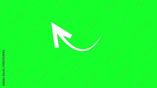 White arrow animation on green screen background in 4K UHD, smooth clean directional motion graphic for tutorials, presentations and chroma key editing