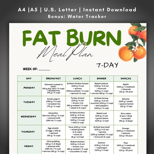 Fat Burn 7 Day Meal Plan Printable, Weight Loss Meal Plan, Calorie Deficit Diet Plan, Fat Loss Meal Prep Guide, Healthy Weekly Meal Plan - Etsy
