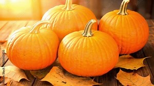 A beautiful arrangement of vibrant autumn pumpkins surrounded by colorful leaves in warm sunlight