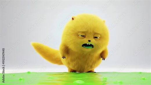 A yellow furry creature looks sick and vomits a heavy stream of green liquid that splashes into a puddle on the floor