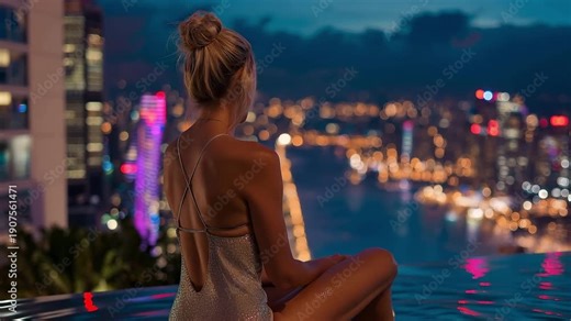 Sitting on the edge of a rooftop infinity pool at night, a young lady in a metallic silver bikini offers a perspective of the city skyline and the luxury travel and nightlife lifestyle of the city.