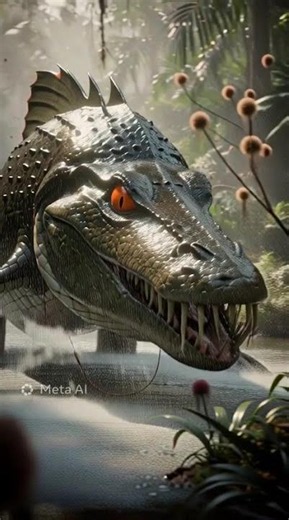 A terrifying fish like predator with malformed jaws exploding from a prehistoric river