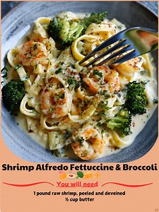 Shrimp 🌍 Alfredo Fettuccine & Broccoli 🍤🍝🥦🧀✨ Creamy shrimp, fettuccine, and broccoli in homemade Alfredo sauce. Easy and comforting meal! Ingredients: Main Ingredients: 1 pound raw shrimp, peeled and deveined ½ cup butter ..... Full Recipe in Coʍmеոτ 💬 🌼 | Family Meal Recipes