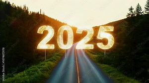 scenic New Year’s design featuring year 2025 road surrounded nature trees green 4k 4kery lining path warm colors sunset route symbolize journey ahead upcoming annual background begin beginning