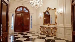 Classic entryway with arched double doors, chandelier, checkered tile floor, and a large console table with a mirror. 4k resolution video 30fps.