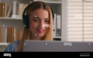 Caucasian woman business girl distant student internet teacher video call conference class lesson e-learning virtual meeting nod head yes positive Stock Photo - Alamy