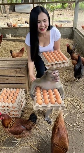 ลิงน้อยช่วยเก็บไข่ไก่