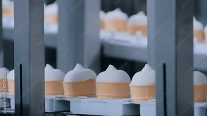 Ice-cream dairy factory - conveyor belt with icecream cones at modern food processing factory. Manufacturing, dairy industry, engineering and automated technology equipment concept