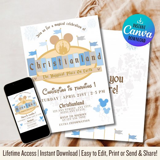 Disneyland Castle Birthday Invitation, Editable Mickey Template, Magical Blue Party Invite - Etsy