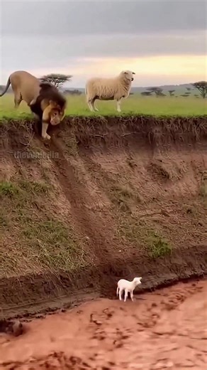 4.2M views · 35K reactions | A powerful male lion defies expectations by rescuing a stranded lamb from a raging river, gently carrying it back up a steep bank to its anxious mother. | Vu Bros | Facebook