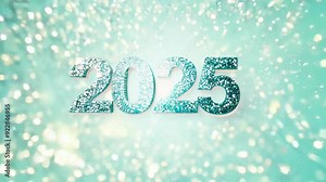 Number 2025 on blue background. Greeting card with crystal text 2025 on background of fireworks. Video animation screensaver. Wallpaper for Christmas, New Year, holidays. Figure 2025 sparkles footage.