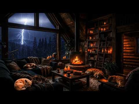 Deep Sleep Lightning Storm ASMR ⚡ Wood Stove & Rain Sounds in Rustic Cabin