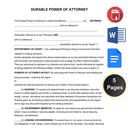 Durable Power of Attorney Template: Editable Legal Form (PDF, Word, Google Docs) - Etsy