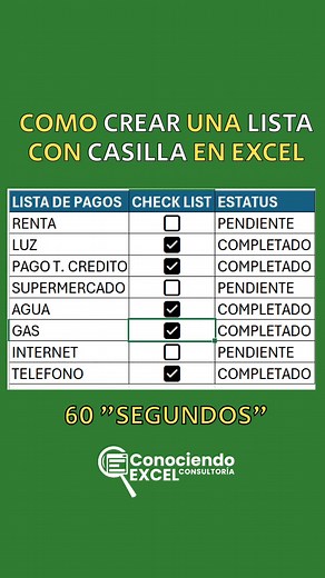 APRENDE EN ¡60 SEGUNDOS! A CREAR UNA LISTA DE TAREA EN EXCEL CON CASILLAS | Conociendo Excel
