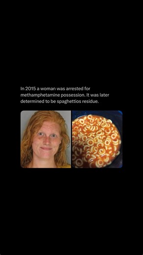 Horrors on Instagram: "In 2015, a woman from Georgia was arrested after police mistook a dried substance on her spoon for methamphetamine. Despite her insistence that it was leftover SpaghettiOs, field tests came back positive for drugs, leading to her jailing and felony charges. Weeks later, a full lab analysis revealed the truth — it really was just SpaghettiOs residue. The charges were dropped, but the incident raised serious questions about the reliability of roadside drug tests that have wr